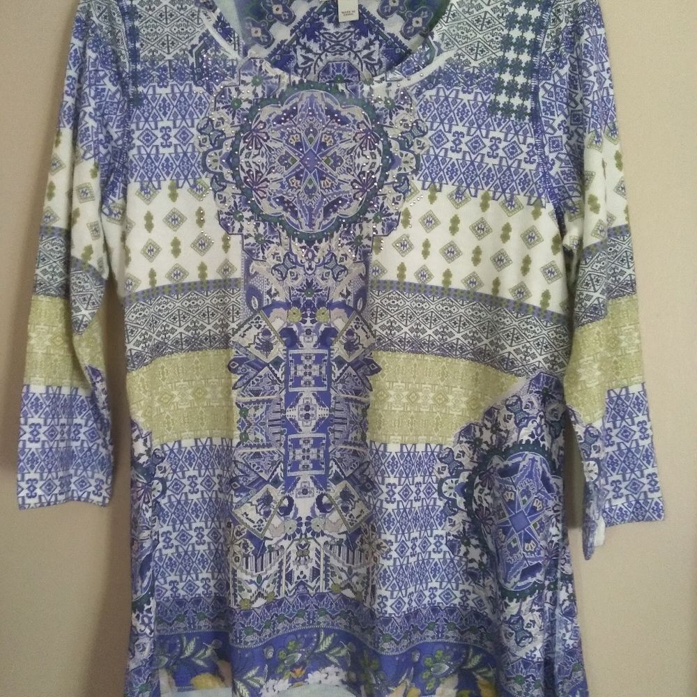 One World live and let live Blue & Green Kaleidoscope Print top 3/4 Sleeves